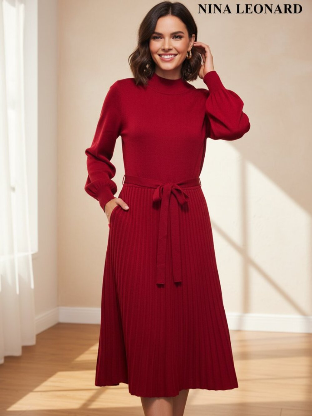 Nina Leonard Red Pleated Midi Sweater Dress M Balloon Sleeve Knit Repaired